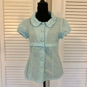 Vintage Retro Baby Blue Linen Blouse with Decorative Buckle on the Back